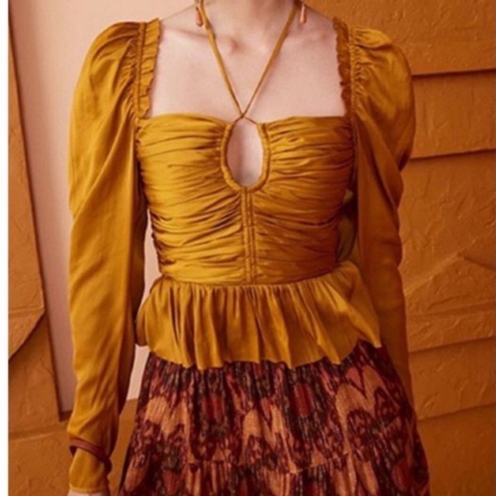 Ulla Johnson Mirelle Mustard Ruched Peplum Long Sleeve Blouse